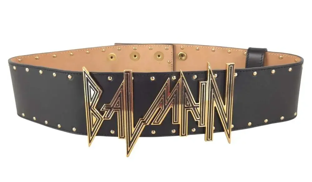 Balmain Statement Logo Lion Head Stud Leather Belt US S FR 36  Womens Black Gold